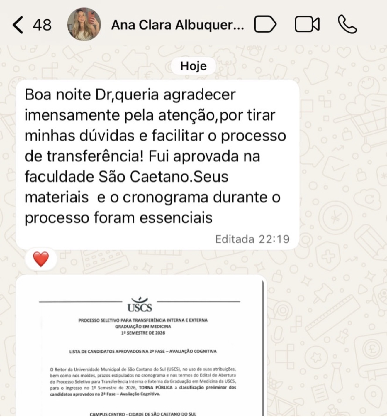 Depoimento de Ana Clara Albuquerque, aprovada na USCS São Caetano